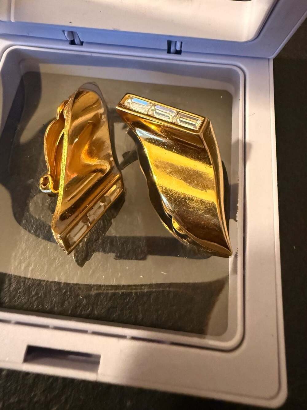 Vintage 1976 Givenchy Gold Tone Geometric Baguette Rhinestone Clip-On Earrings - Picture 5 of 5